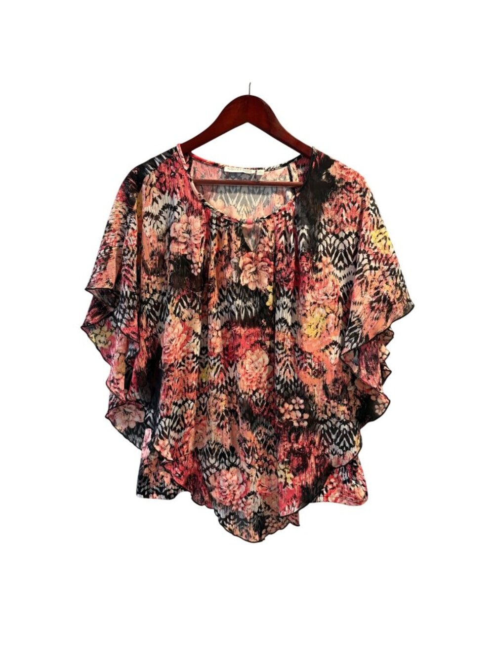 Notations Womens Plus 1X Floral Abstract Print Sheer Polyester Beaded Accent Top